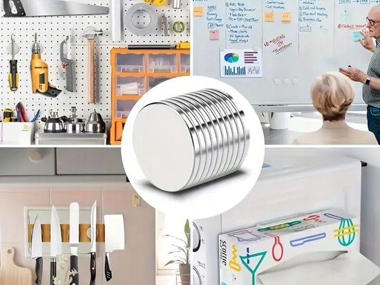 Een stapel ronde, zilverkleurige neodymium magneten van 10x2 mm.