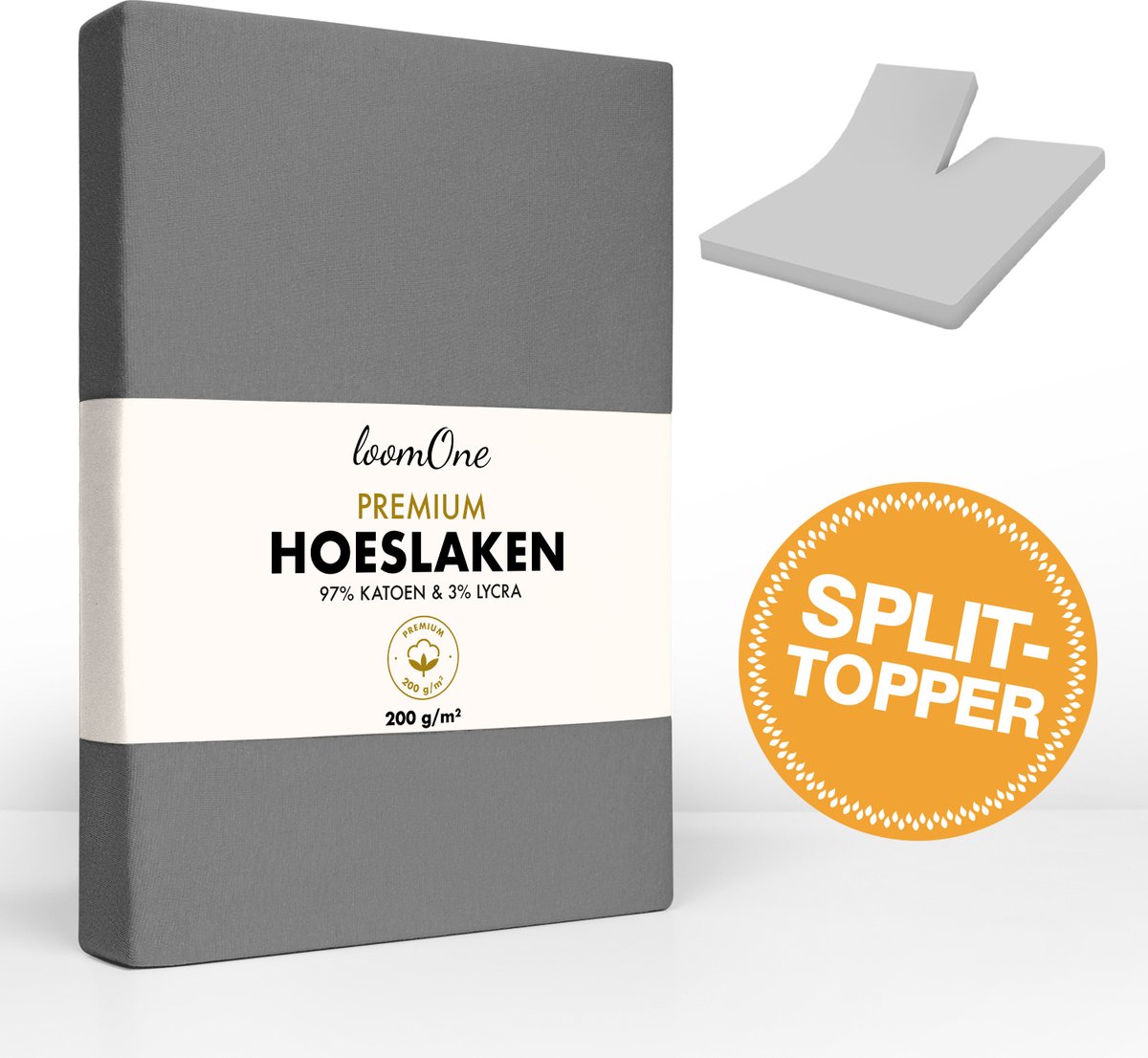 Loom One Premium Splittopper Hoeslaken – 97% Jersey Katoen / 3% Lycra – 180x200 cm – tot 12cm matrasdikte– 200 g/m² – voor Boxspring-Waterbed - Antraciet