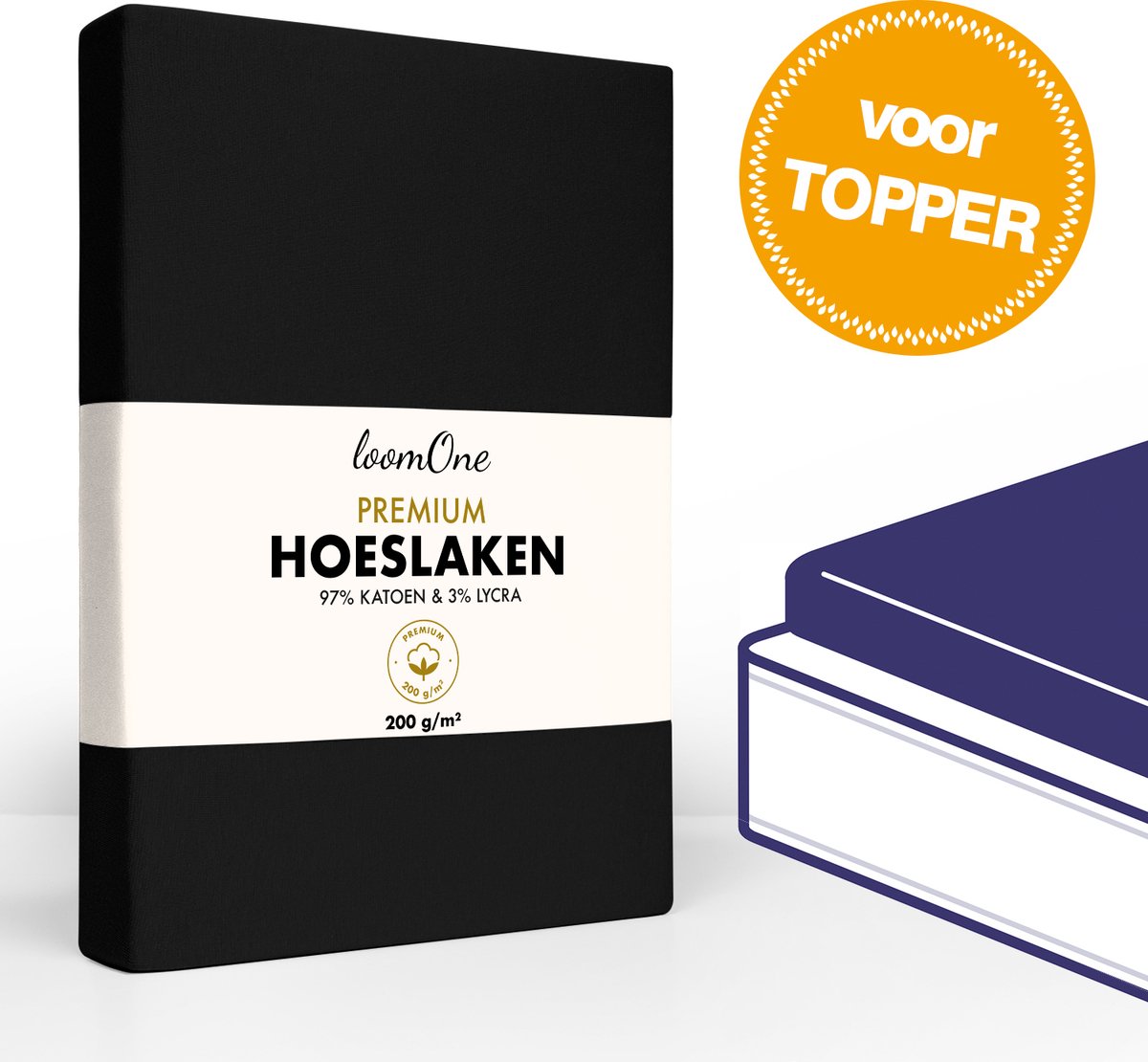 Loom One Premium Topper Hoeslaken – 97% Jersey Katoen 3% Lycra – 200x200 cm – tot 10cm matrasdikte– 200 g m² – voor Boxspring-Waterbed Zwart