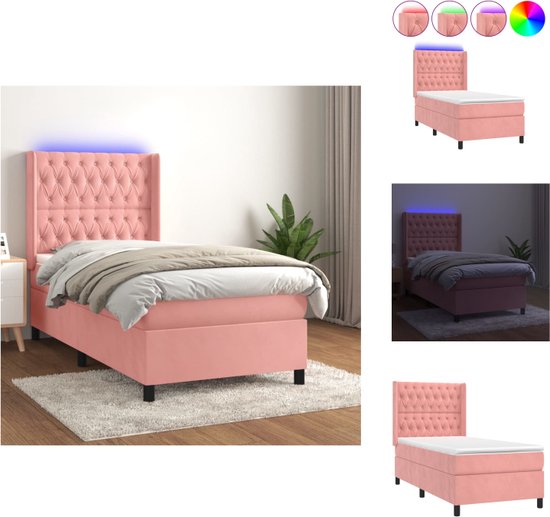 vidaXL Boxspring Bed - Fluweel - LED - Pocketvering - 100x200 cm - Roze - Bed