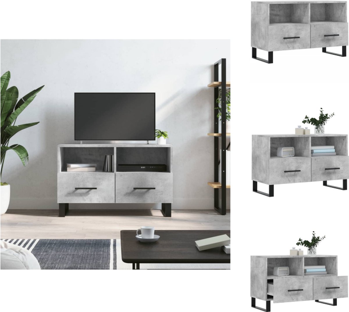 VidaXL TV-meubel Betongrijs 80x36x50 cm Bewerkt hout en ijzer Kast