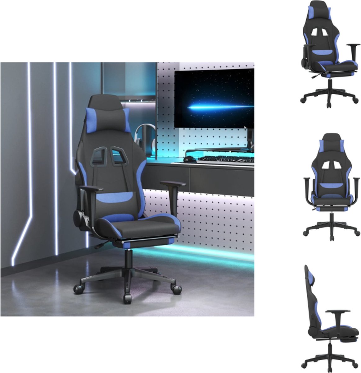 vidaXL Gamestoel - Verstelbare rugleuning - Duurzaam materiaal - 64x60x(117-127) cm - Zwart en blauw - vidaXL - Bureaustoel