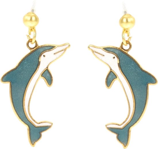 Behave Oorbellen hangers dolfijn blauw groen wit emaille 3,5 cm