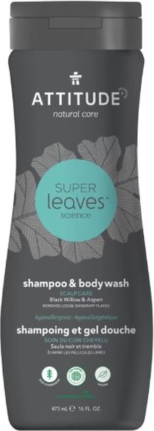 Grijze fles met een groene cirkel met grijze bladeren. De tekst "SUPER leaves" in turquoise.