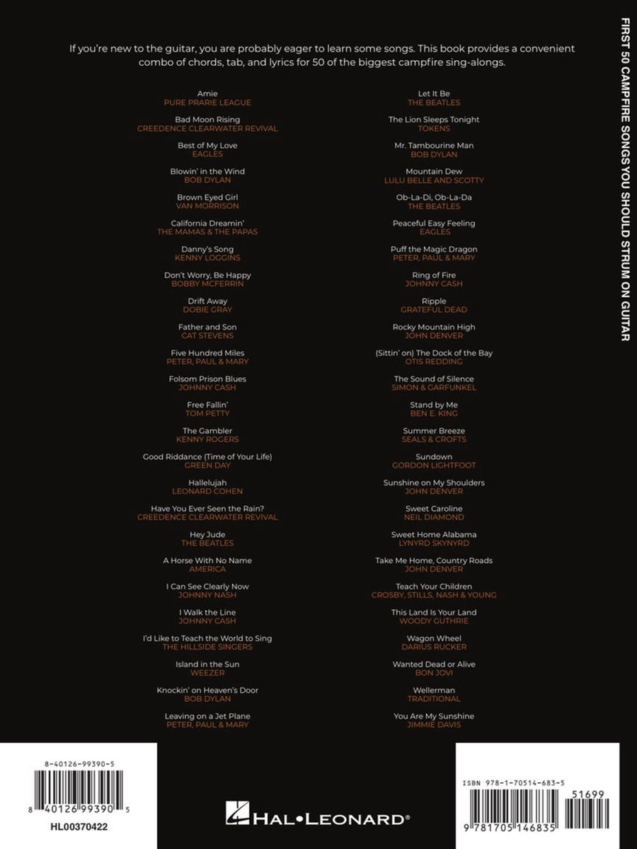 Hal Leonard First 50 Campfire Songs recueil de chansons pour guitare classique - back cover