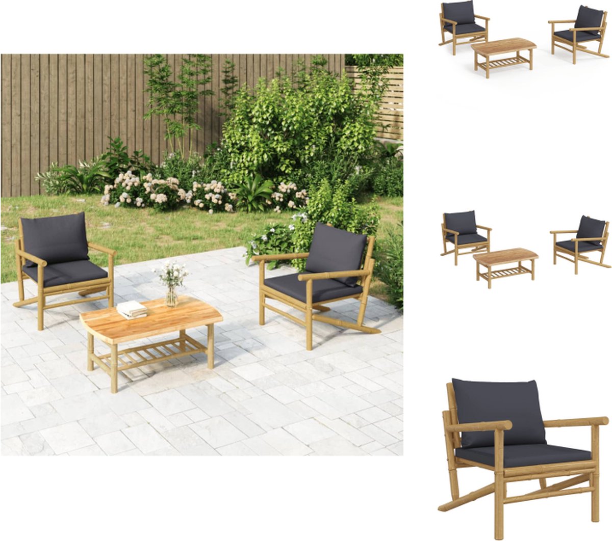 vidaXL 3-delige - Loungeset - met - kussens - bamboe - donkergrijs