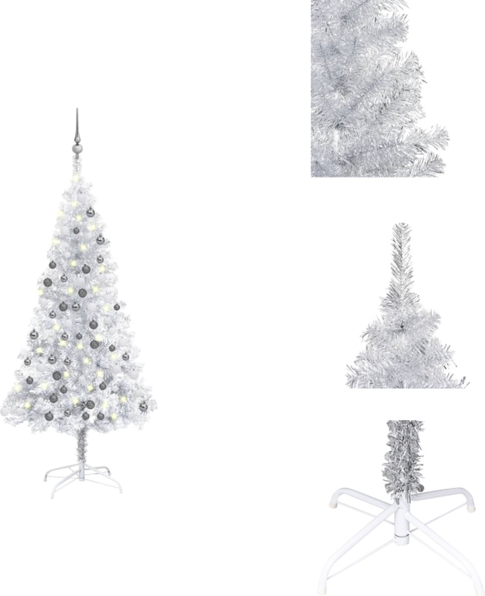 vidaXL Kunstkerstboom - Glanzend zilver - 150 cm - LED verlichting - Inclusief kerstballen en piek - Decoratieve kerstboom