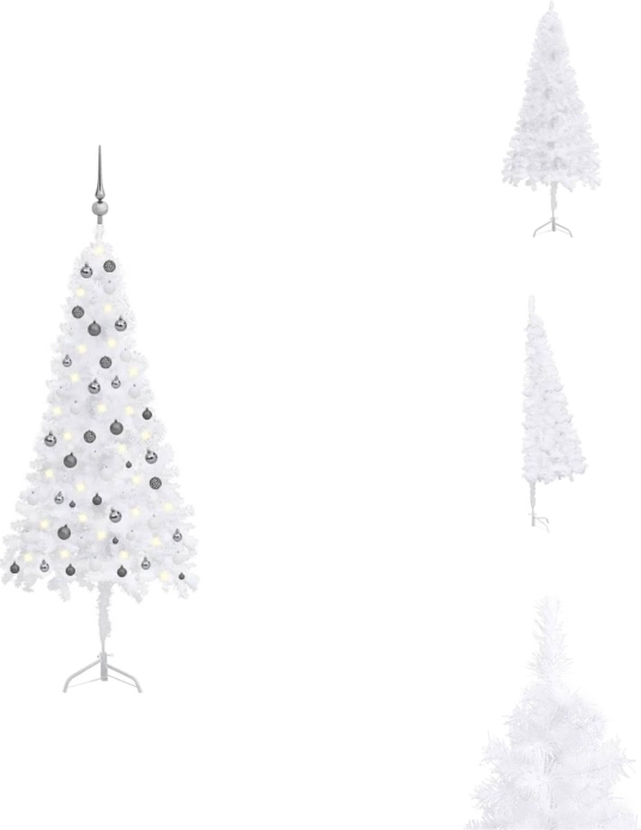 vidaXL Hoekkerstboom Wit - 210 cm - PVC - Incl - LED-verlichting en decoratie - Decoratieve kerstboom