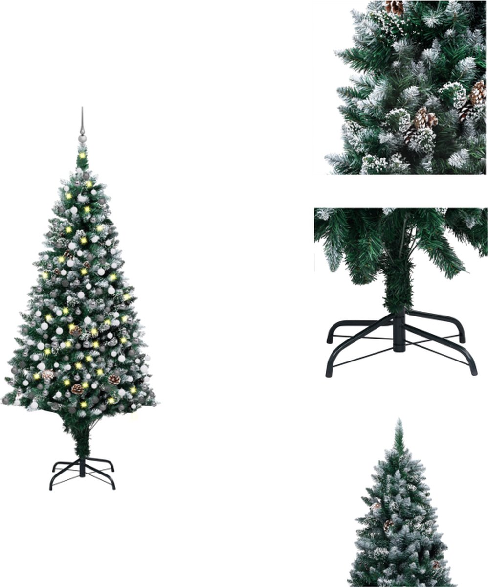 vidaXL Kunstkerstboom - 210 cm - Groen/wit - LED-verlichting - Inclusief versiering - Decoratieve kerstboom