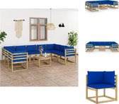 vidaXL Pallet Loungeset - Hoekbank - Middenbank - Tafel - 64x64x70 cm - Blauw kussen - Tuinset