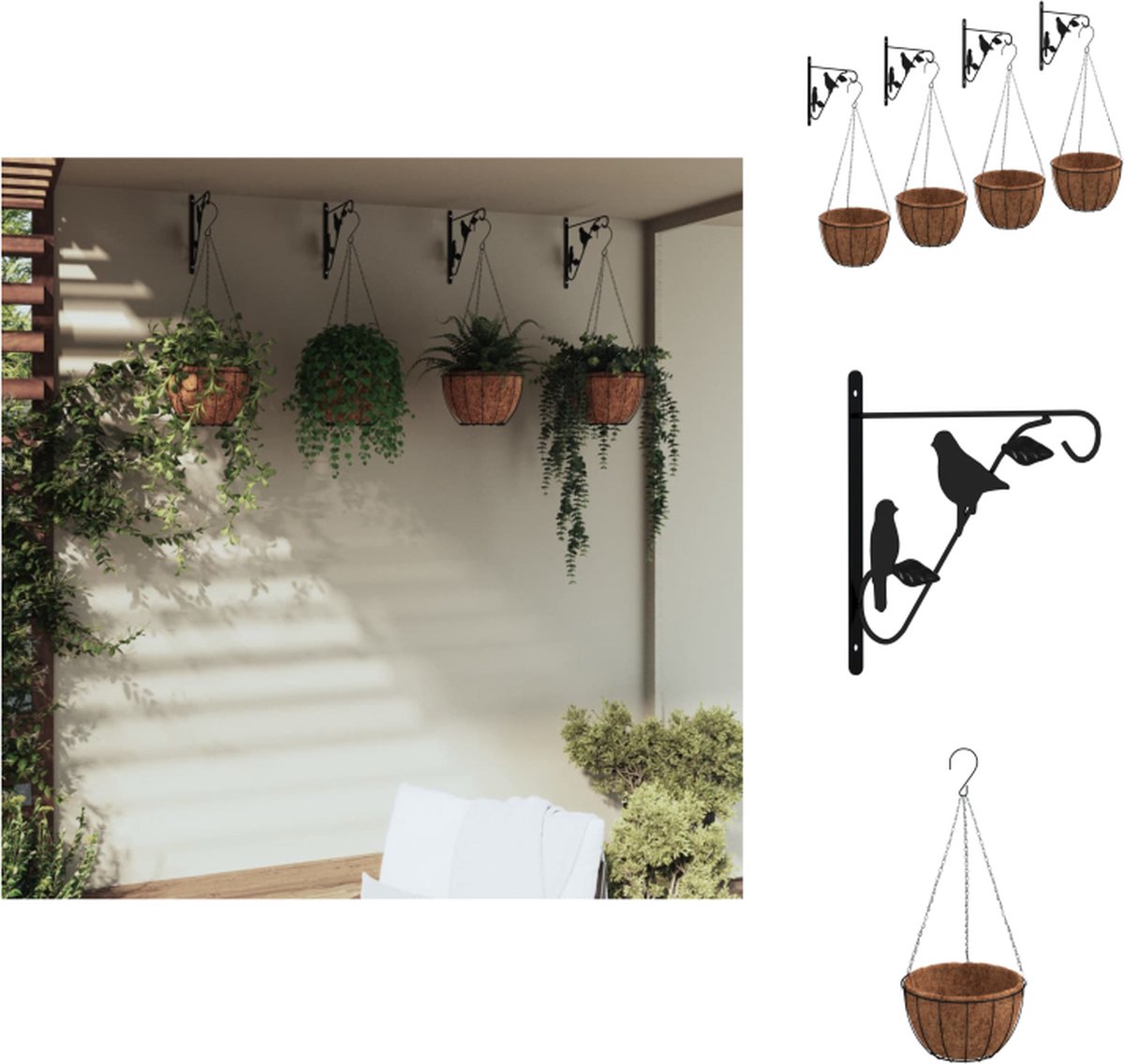 VidaXL Hangmandbeugels Zwart 29.5 x 26 cm 5 kg draagvermogen Inclusief haken en pluggen Plantensteun