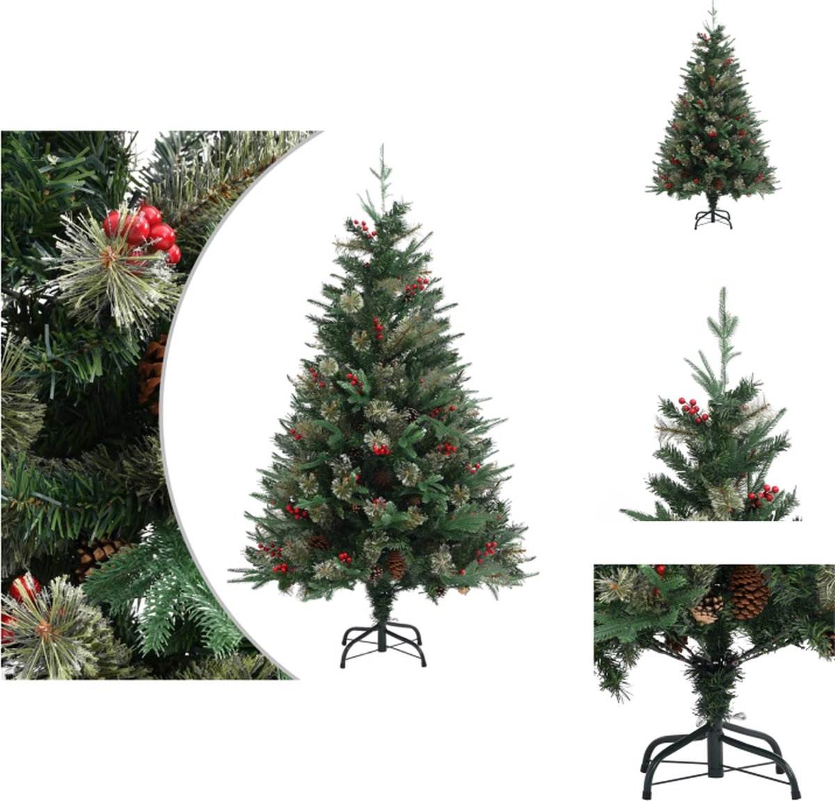 vidaXL Kerstboom met takken - 120 cm - PVC/PE/staal - groen - 238 PVC uiteinden - 43 PE uiteinden - 15 kleine dennenappels - 15 grote dennenappels - 30 rode bessen - scharnierende constructie - Decoratieve kerstboom