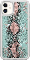 Casimoda® hoesje - Geschikt voor iPhone 11 - Slangenprint pastel mint - 2-in-1 case - Schokbestendig - Slangenprint - Verhoogde randen - Mint, Transparant