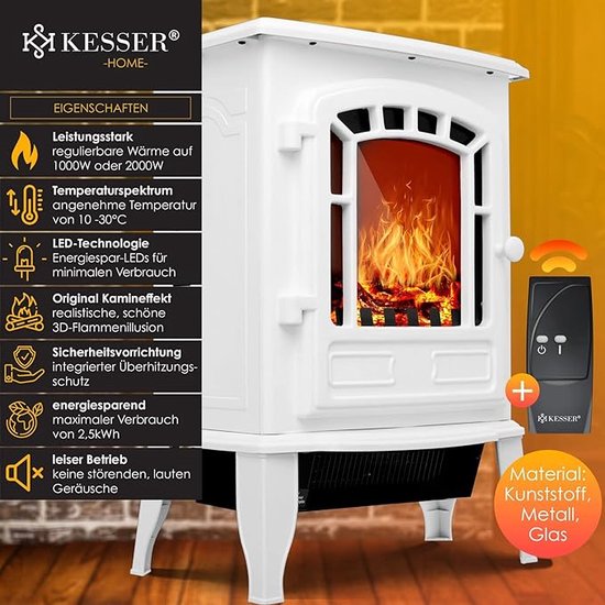 Elektrische open haard met ventilatorkachel en afstandsbediening, 2000 W, elektrische verwarming, led-haardvuureffect, kachel-effect, geluidsarm, regelbaar, wit