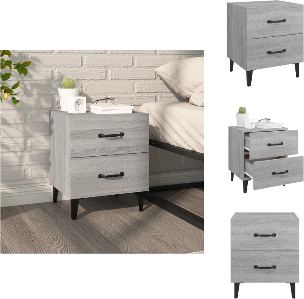 VidaXL Nachtkastje Industriële Stijl Grijs Sonoma Eiken 40x35x47.5 cm 2 lades Kast