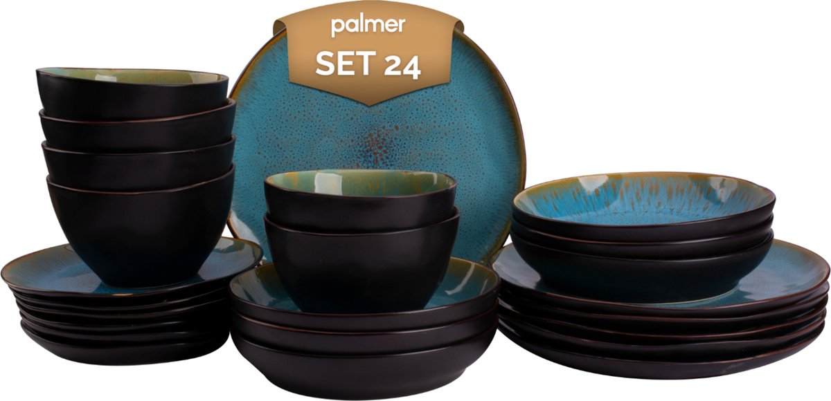 Palmer Serviesset Lotus Stoneware 6-persoons 24-delig Zwart Turquoise - Palmer