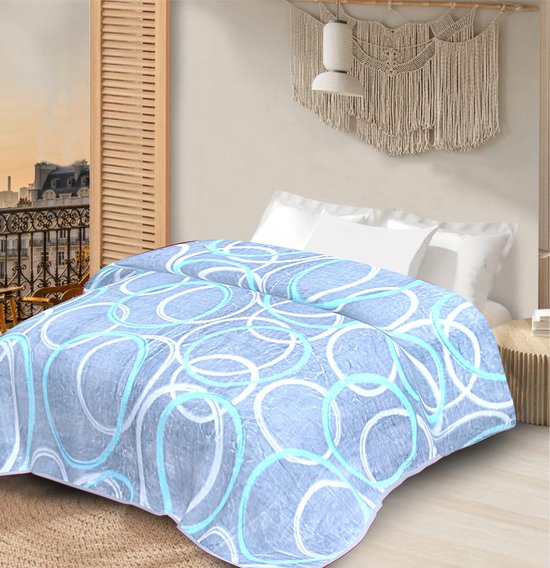 2 persoons plaid - warme plaid - warm deken - zacht deken - Blauw - abstracte ringen print