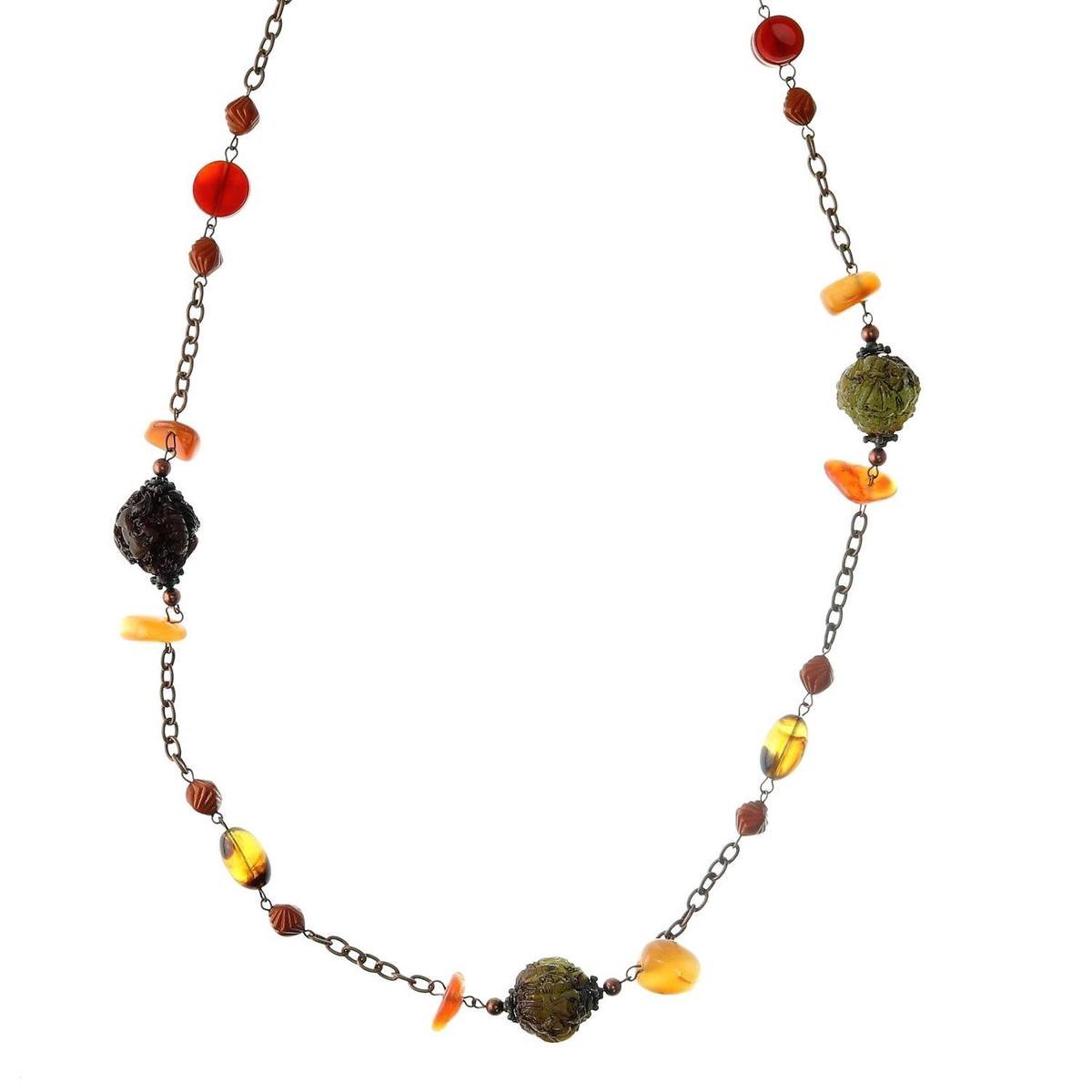 Behave Lange ketting rosé goudkleur met bruine kralen – Nikkelvrije modeketting