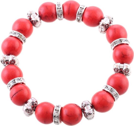 Behave Bracelet élastique en métal avec perles en céramique rouge