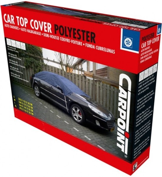 Verpakking van een blauwe autoverdekking "CAR POINT" op een zwarte auto.