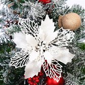 12 stuks glitter kerstboomdecoratie, kerstboomversiering ornament van kunststof, kerstbloemendecoratie, kerstboomhangers (wit, 9 cm)
