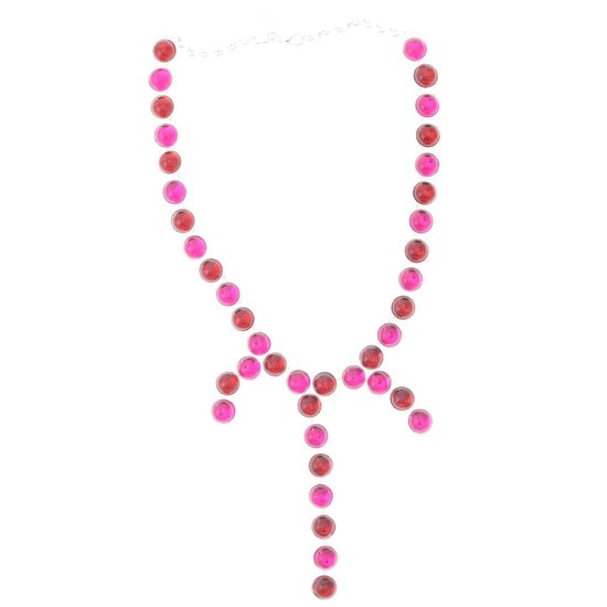 Behave Dames ketting zilver kleur met rode en roze stenen en hangers 46 cm
