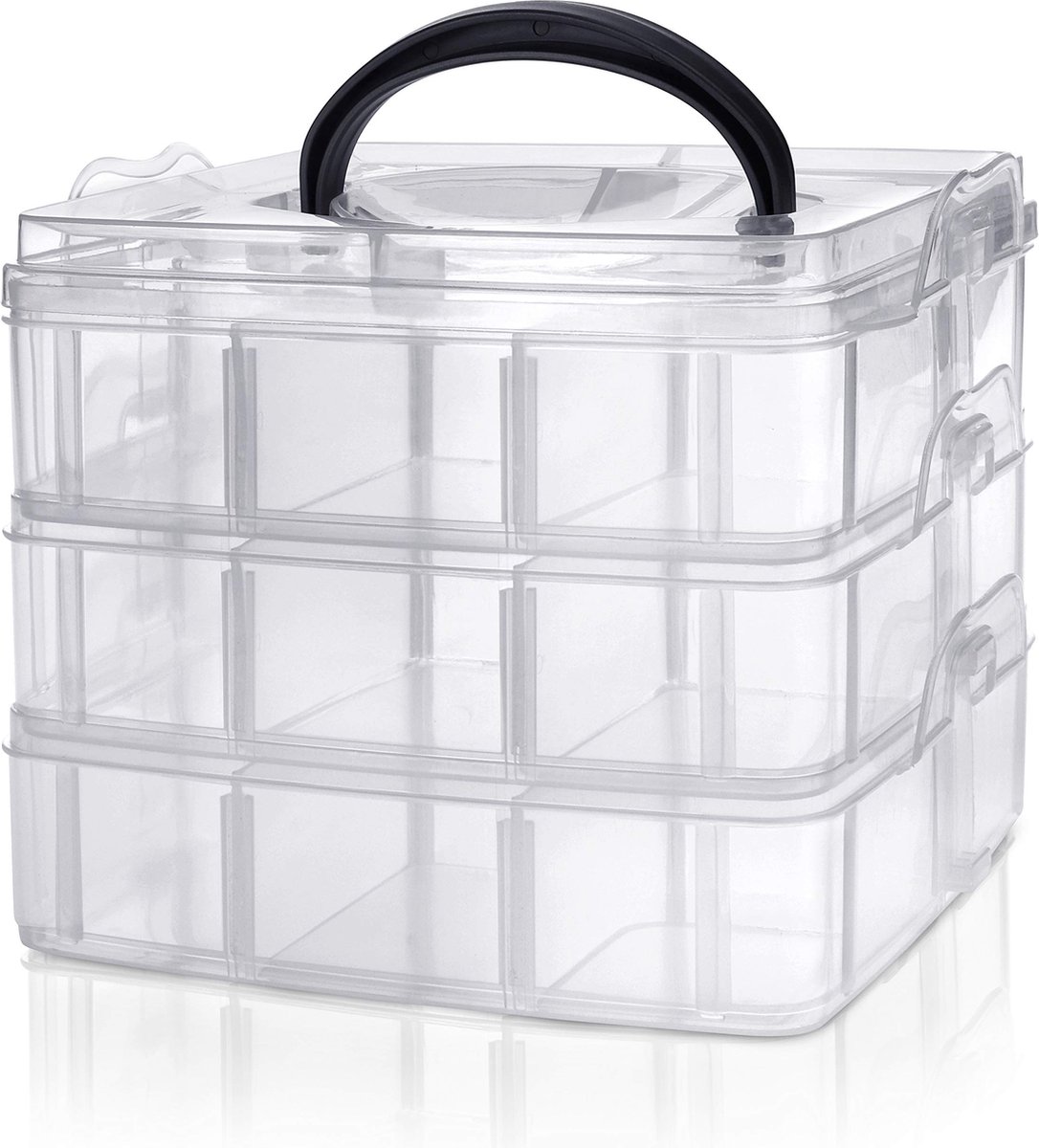 3 Laags Helder Transparant Plastic Stapelbare Opslag Doos – Aanpasbare Compartiment Vakken – Maximaal 18 Compartimenten – Container Voor het Opslaan van Speelgoed, Juwelen, Kralen, Kunst en Hobby.