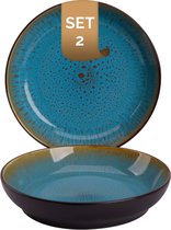 Palmer - Bord diep - Pastabord - Lotus - 21 cm - Turquoise/Zwart - Stoneware - Bordenset - 2 stuks