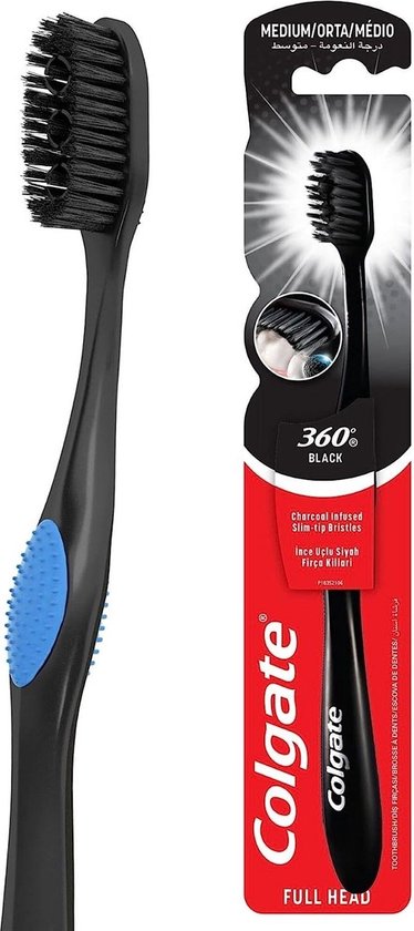 Brosse à dents Colgate 360 Charcoal noire, poils medium, grip bleu, dans son emballage.