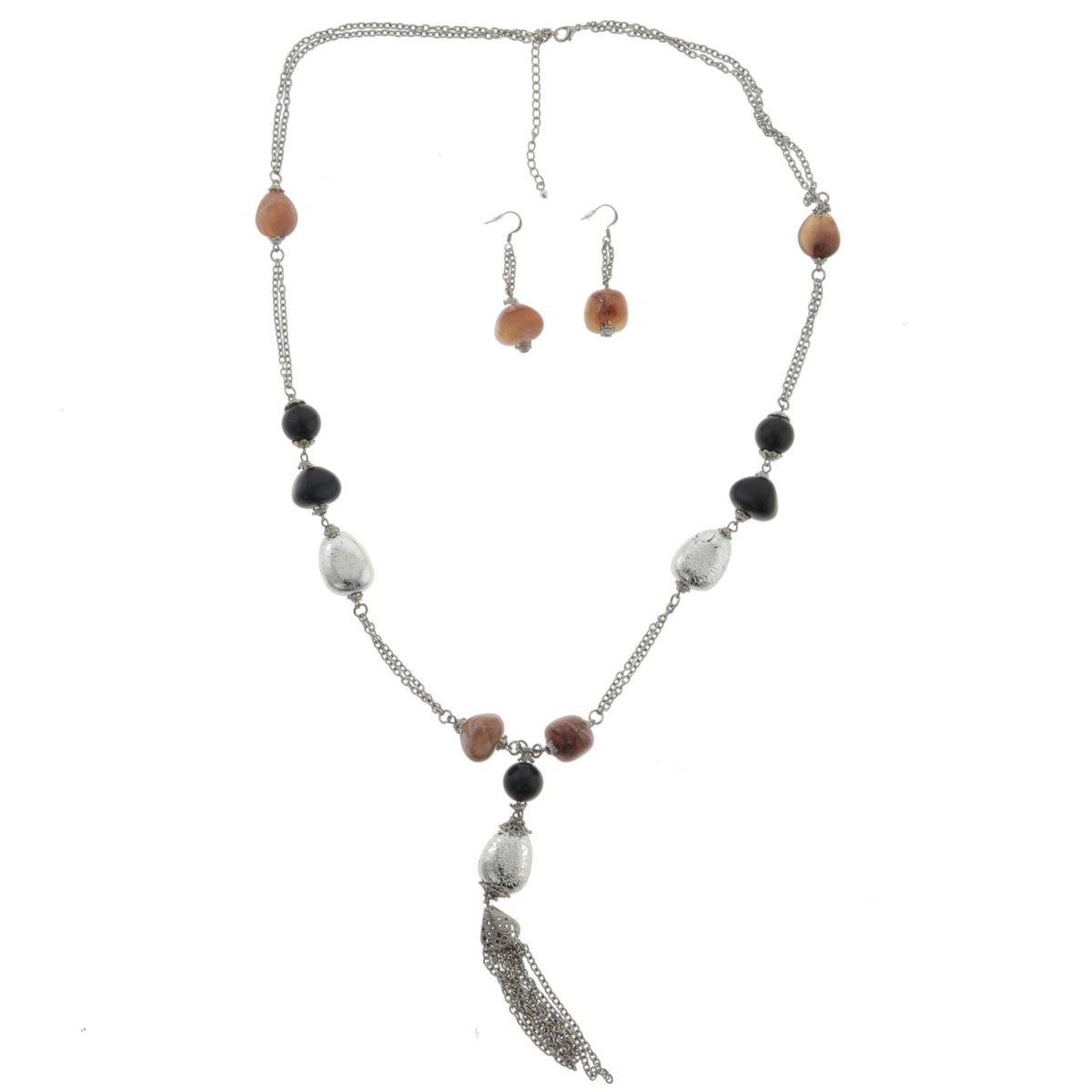 Behave - Set ketting oorbellen - Zilverkleur bruin zwart boho lang