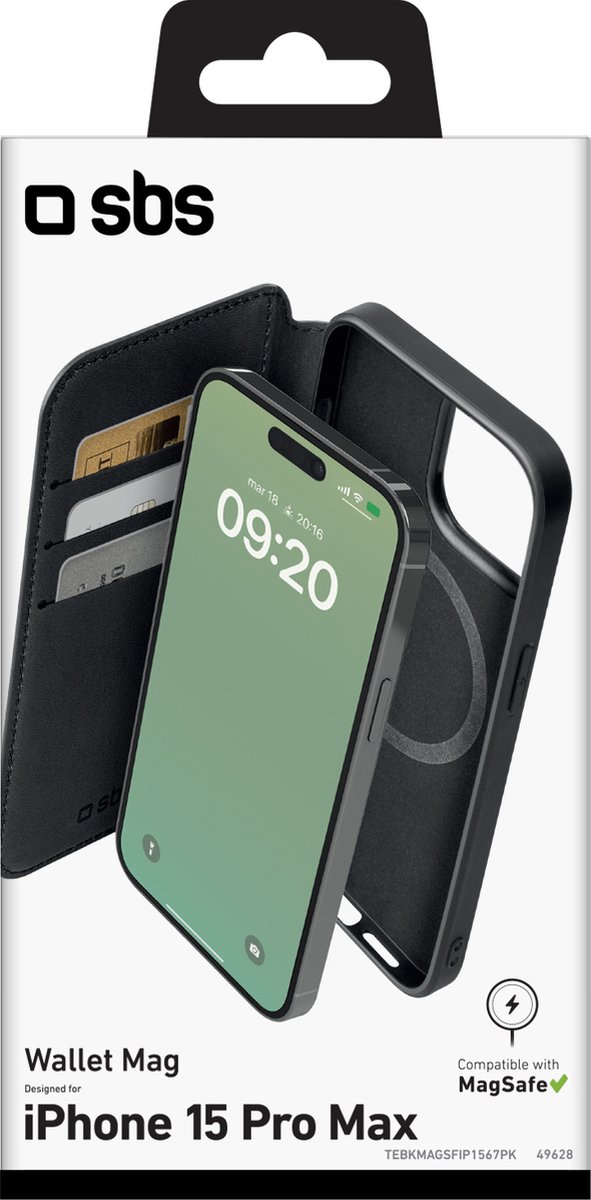 SBS Wallet Mag Telefoonhoesje geschikt voor Apple iPhone 15 Pro Max Hoesje Bookcase MagSafe Compatible - Zwart