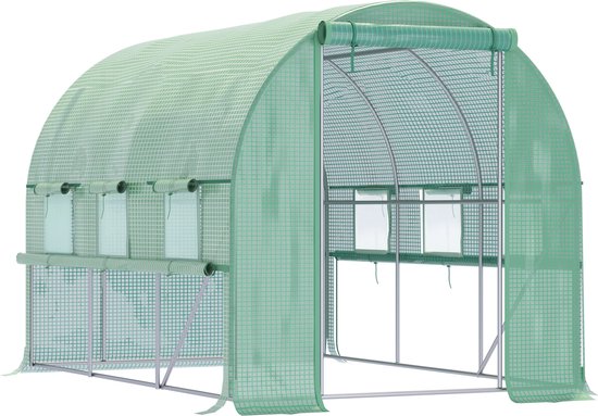 Quictent Foliekas, 195 x 143 x 73 cm, inloopkas met 6 legplanken, 140 g/m² PE-roosterfolie, netdeur en raam, tomatenkas, groente, groen