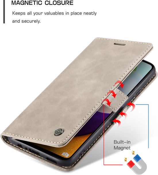 Beige PU leren telefoonhoesje, half open met pijlen die de magnetische sluiting illustreren.