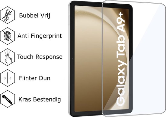 Glasplaat voor Samsung Galaxy Tab A9+. Met icoontjes: bubbelvrij, anti-vingerafdruk, touch response, flinterdun, krasbestendig. Tekst: Galaxy Tab A9+.