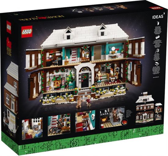 LEGO Ideas Home Alone doos met LEGO model van huis, boomhut en busje.