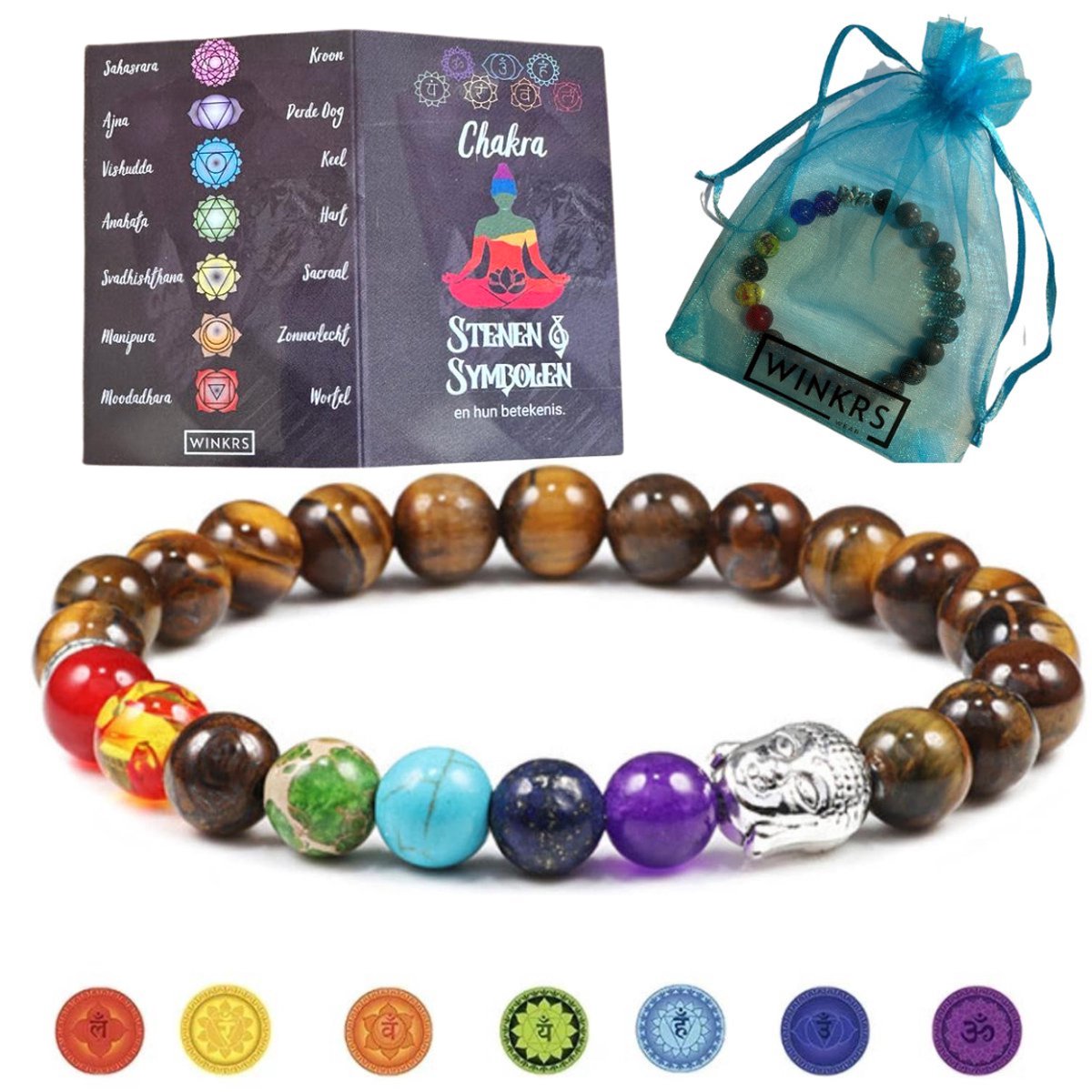 Chakra Armband Buddha - 19CM - Stretch armband met Tijgeroog Natuursteen Kralen, Boeddha en Chakra stenen