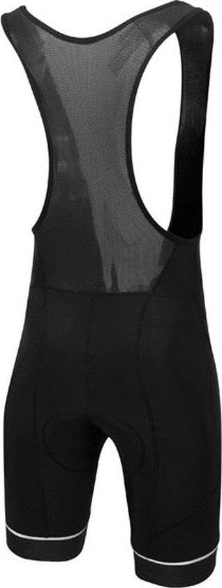 Zwarte fietsbroek voor dames met bretels en witte bies op de pijpen.