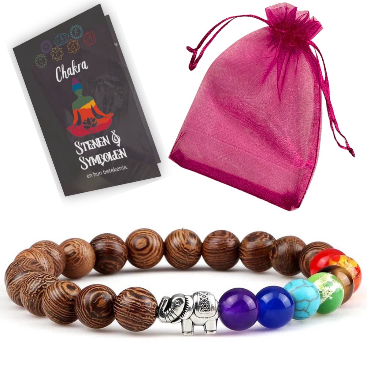 Chakra Armband Olifant - 19CM - Stretch armband met houten Kralen, Olifant en Chakra stenen
