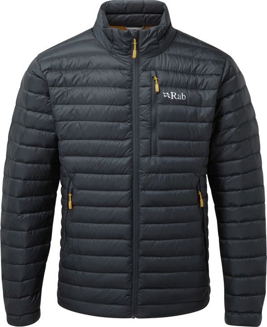 Veste doudoune Rab bleu foncé avec zips jaunes et logo Rab sur la poitrine.