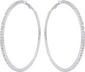 Behave Dames oorringen met kristal steentjes – zilverkleurige ronde oorbellen - diameter 8 cm – grote statement oorringen