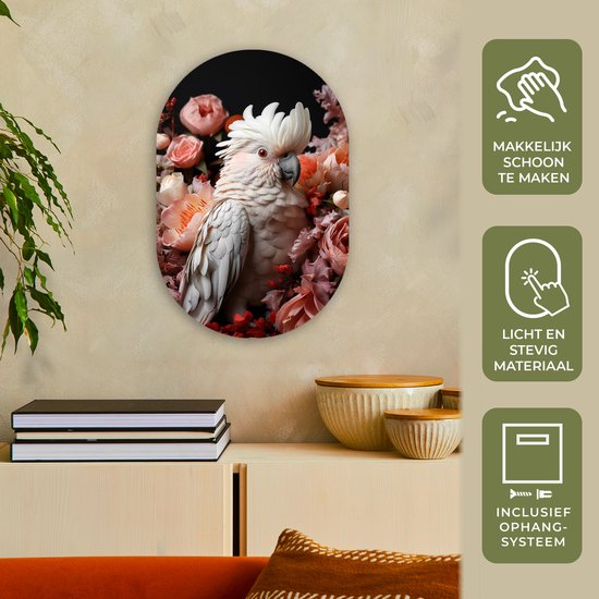 Mur ovale 40x60 cm - Mur ovale Cacatoès - Animal - Nature - Botanique - Fleurs - Rose - Décoration murale plastique - Tableau ovale - Décoration murale murale salon - Peintures - Forme miroir ovale sur plastique