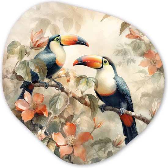 Organische wanddecoratie 40x40 cm - Organisch schilderij Toekan - Vogels - Bloemen - Tak - Muurdecoratie woonkamer - Kamer decoratie - Schilderijen - Muurcirkel aesthetic