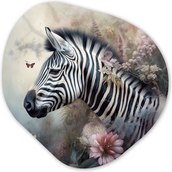 Organische wanddecoratie 90x90 cm - Organisch schilderij Zebra - Wilde dieren - Vlinder - Bloemen - Kunststof muurdecoratie - Woonkamer schilderijen - Organische spiegel vorm op kunststof