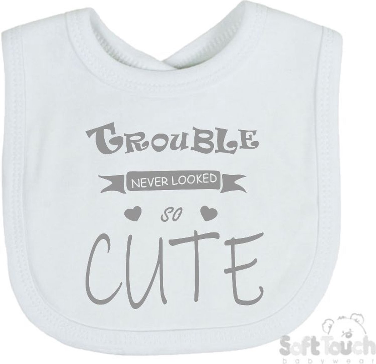 Goedkoopste Soft Touch Slabber Slabbetje Slab Trouble never looked so good Unisex Katoen Wit/grijs Maat 33x22 Cm