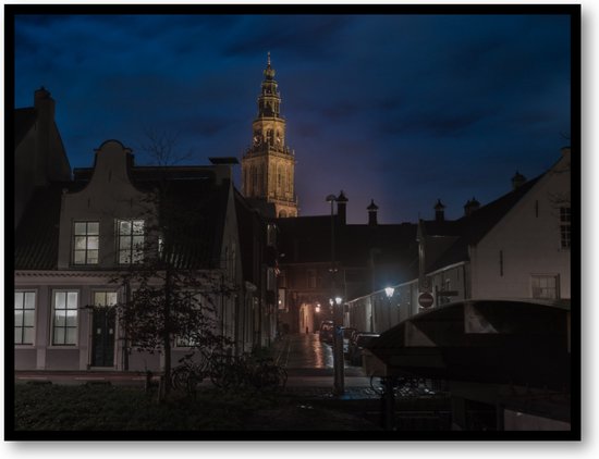 Nachtwake: Martinitoren - Turfsingel bij Avond - Fotoposter 40x30 met Lijst