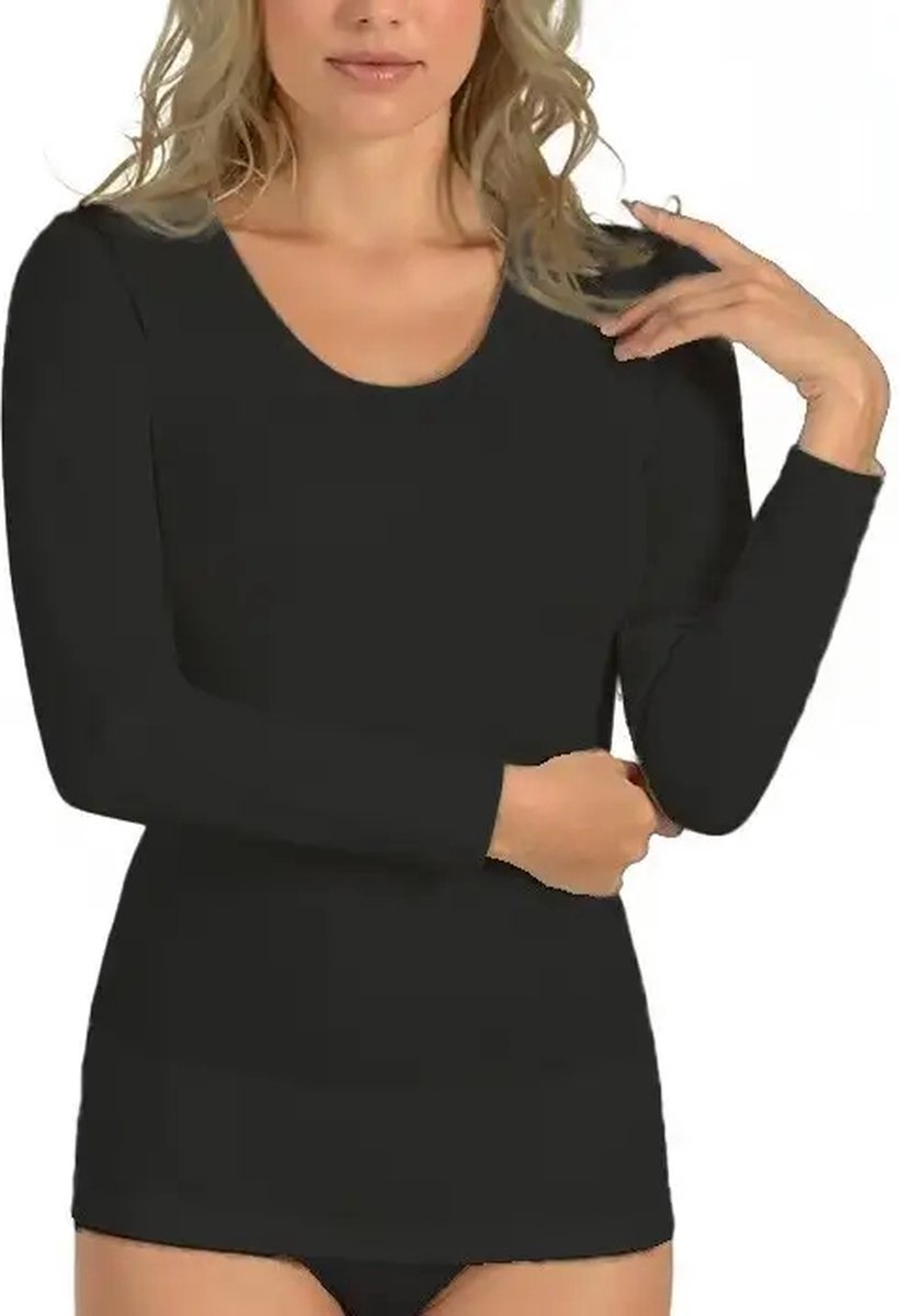Entex thermo shirt dames lange mouw - Warm wollen ondershirt - Diepe ronde hals - Zwart / L