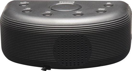 Zwarte wekkerradio van voren gezien, met knoppen aan de bovenkant en een speaker grille.