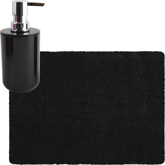 MSV badkamer droogloop tapijt/matje - Langharig - 50 x 70 cm - inclusief zeeppompje in dezelfde kleur - zwart
