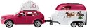 Roze auto met dakkoffer en witte paardentrailer met paardenafbeeldingen, getrokken op witte achtergrond.