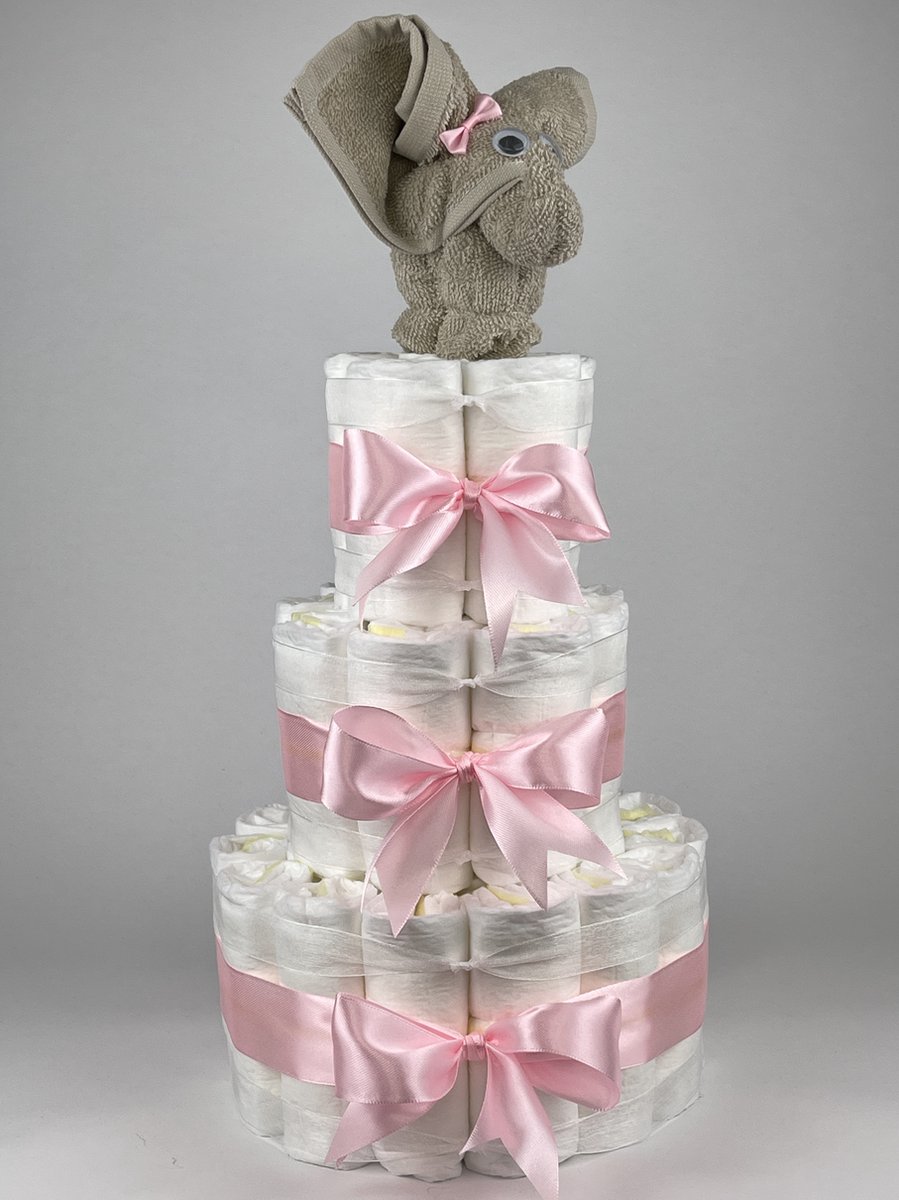 Chouette-Chouette | Luiertaart Meisje | Kraamcadeau | Geboorte Meisje | Babyshower | Olifant Cream - Roze